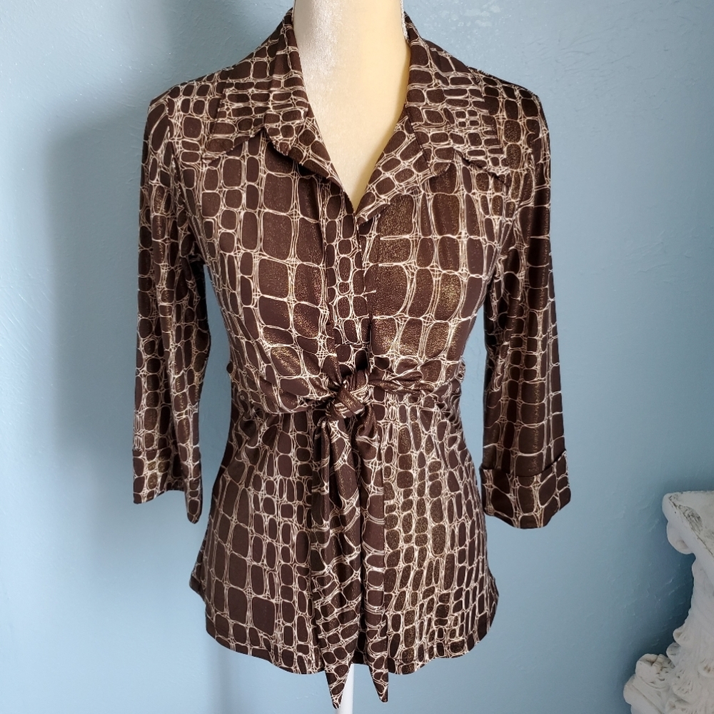 Mesmerize tie front shimmery animal print top A20